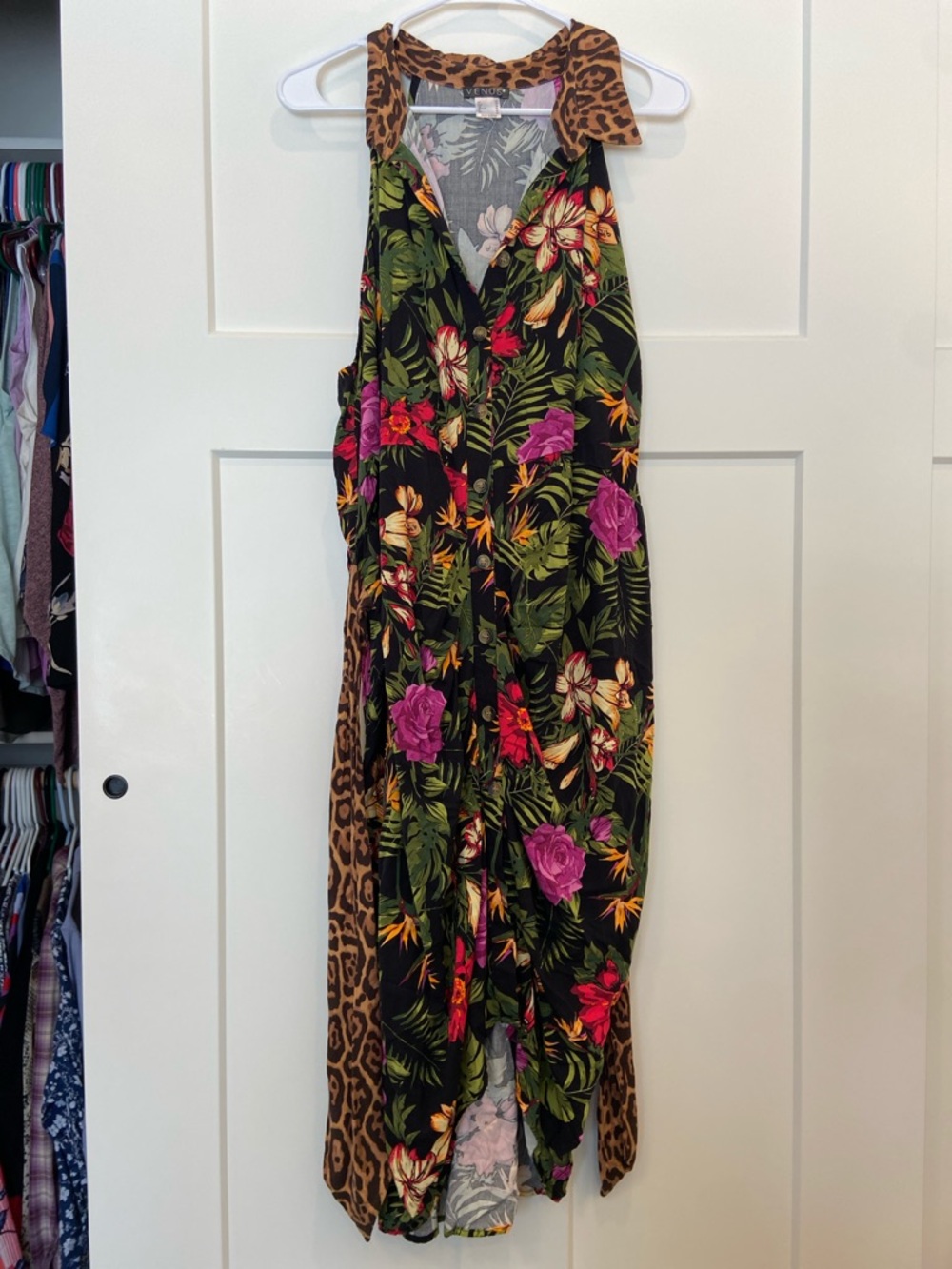 22 Venus Tropical Floral Sleeveless Midi with Leopard Trim